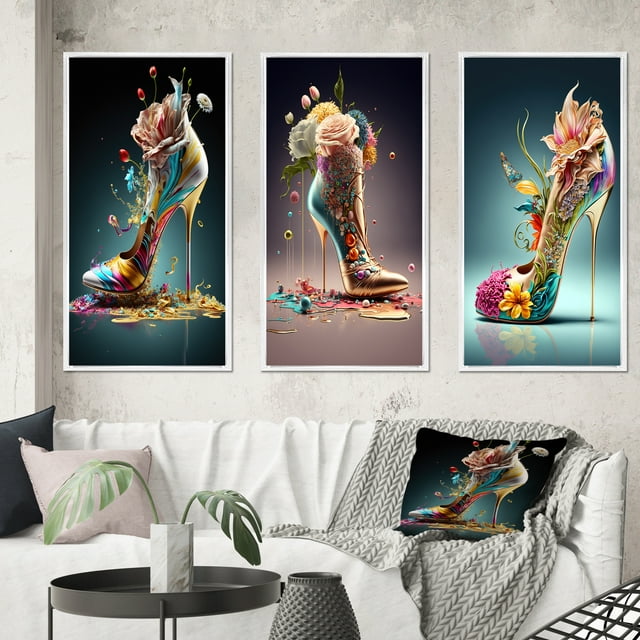 Designart "Azure Floral Stilettos II" Fashion Framed Wall Art Set Of 3 - Blue Glam Frame Gallery Wall Set For Home Decor