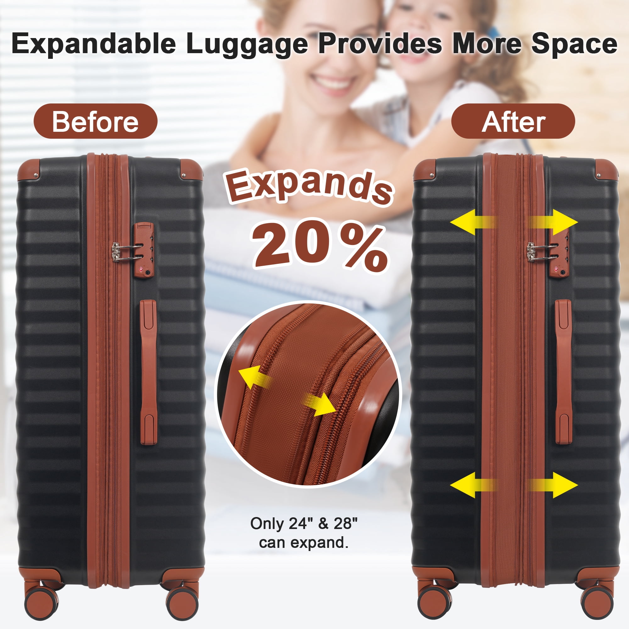 Euroco 5 Piece Luggage Sets Front Opening,Expandable Hardshell Suitcase with Spinner Wheels,2 Bags and TSA Lock,Lightweight Carry on Luggage with USB Port and Cup Holder(20"/24"/28"),Black Brown