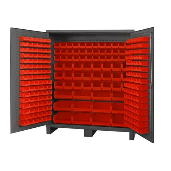 14 Gauge Flush Style Lockable Double Door Storage Cabinet with 264 Red Hook on Bins, Gray - 72 in.