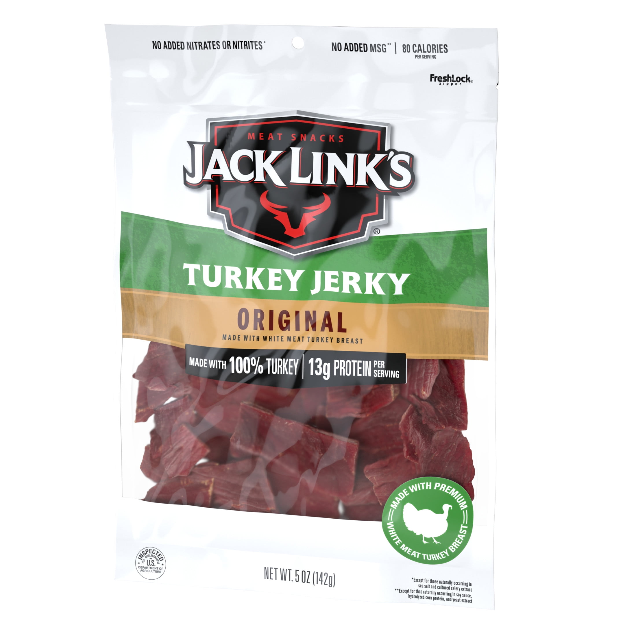 (8 pack) Jack Link’s Turkey Jerky, Original, Made with 100% Turkey, 13g of Protein per Serving, 5 Ounce, Resealable Bag