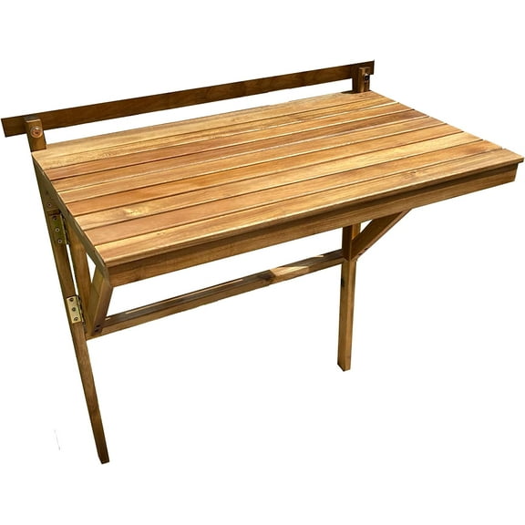 Patio Wise Outdoor Folding Balcony Table, Foldable Acacia Wood Deck Bar Tray