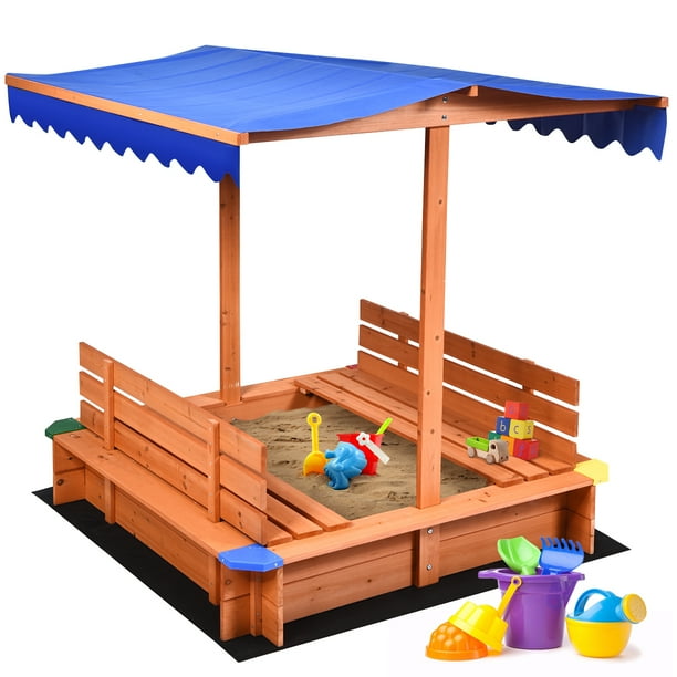 Costway Kids Cedar Sandbox w/ Canopy & Bench Seats Children Outdoor
