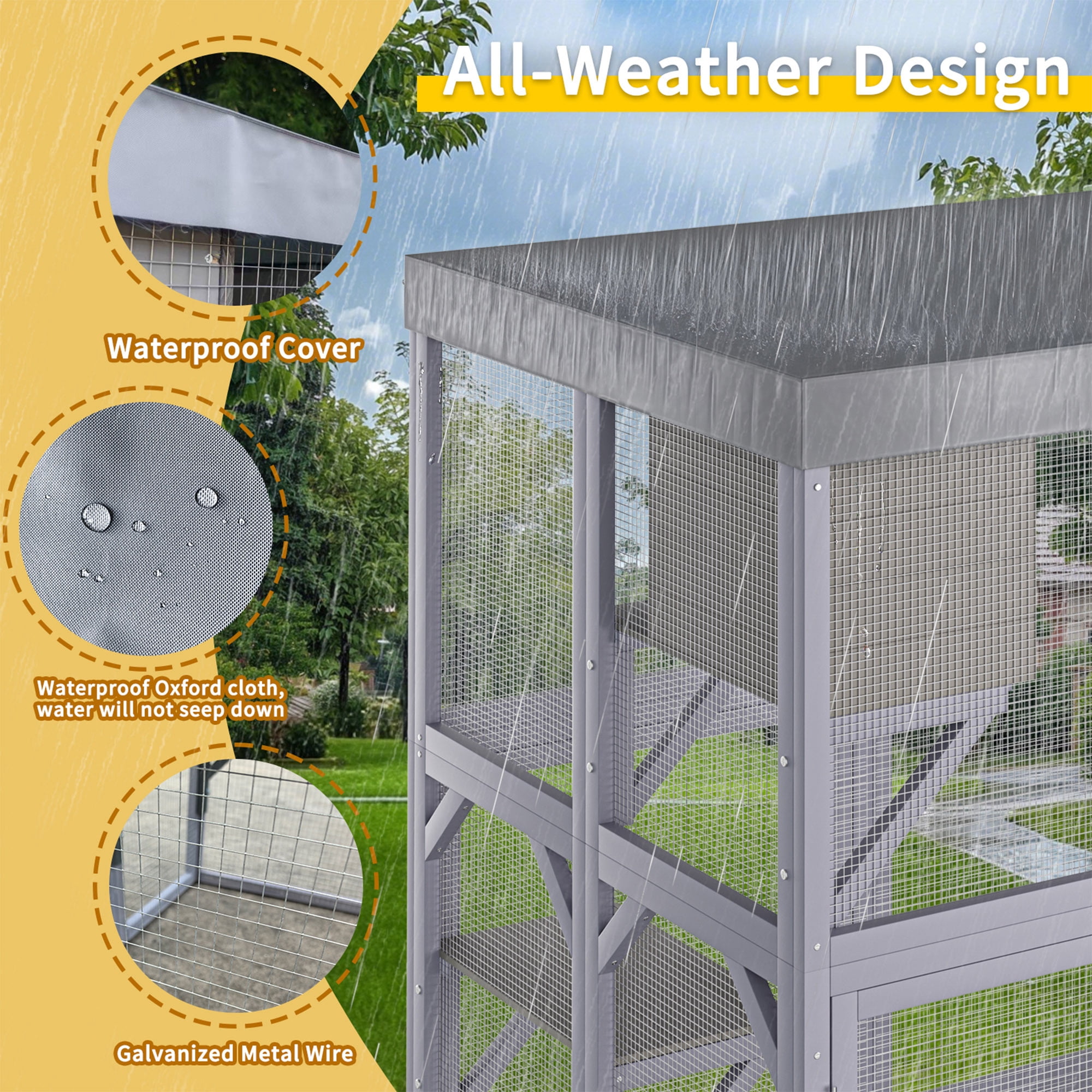 70" Catio Outdoor Cat Enclosure Indoor cage, large Wooden Cat House with Waterproof Roof, 4-Tier Playing Platforms & 2 Napping Houses with Connectable Window Door for Multiple Cats (Grey)