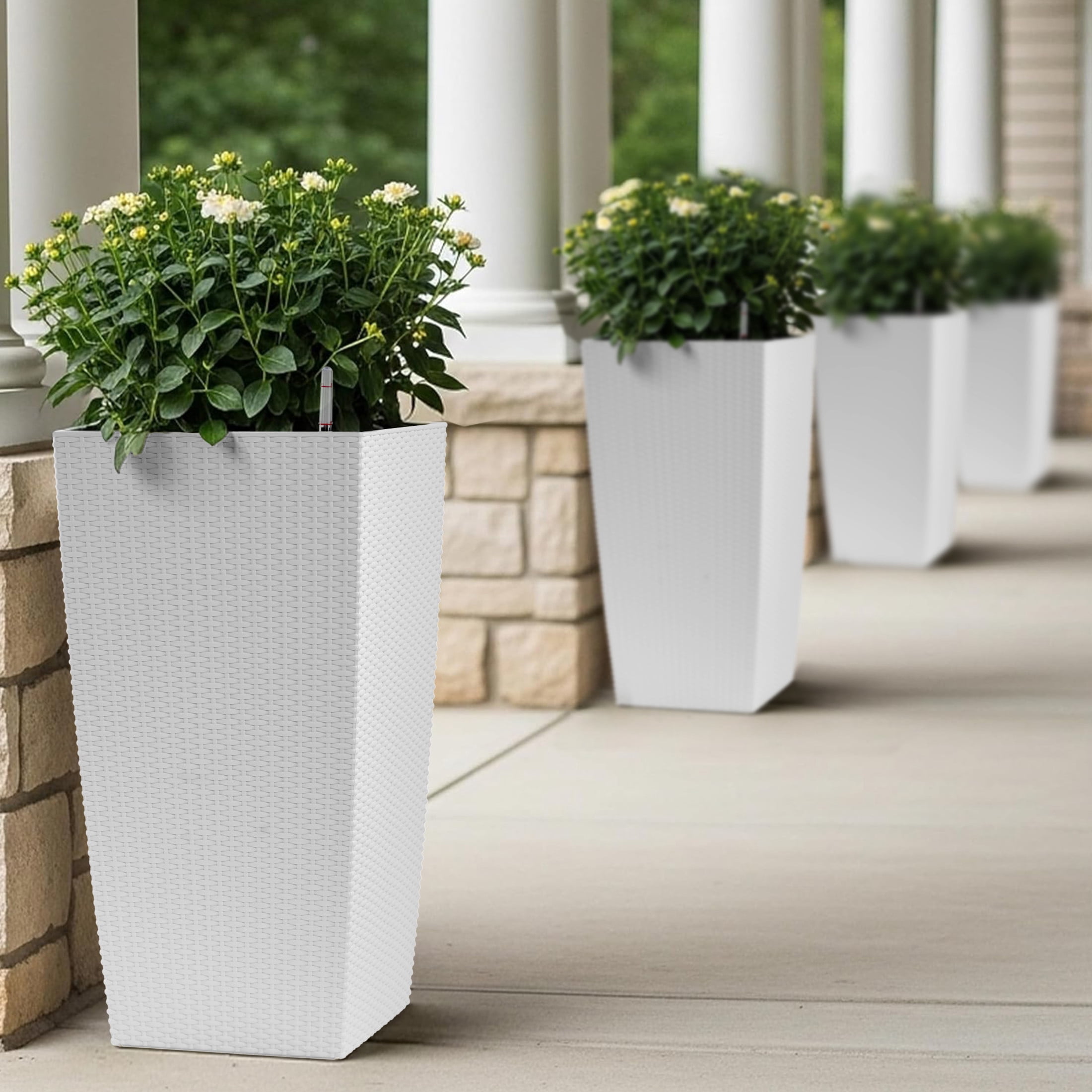 Noble House 30" Tall Self-Watering Planter, Large Indoor Outdoor Flower Pot with Water Level Monitor, White