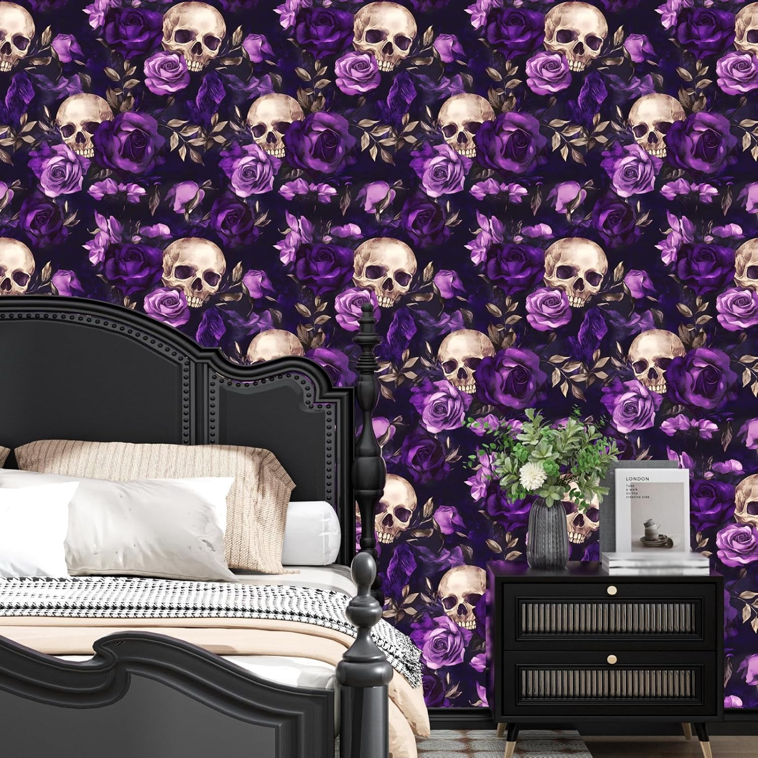Black Floral Peel and Stick Wallpaper Vintage Boho Sugar Skull Contact Paper Gothic Flower Wall Mural Home Vinyl Waterproof Self Adhesive Removable Renter Friendly Wall Paper 17.5" x 118"