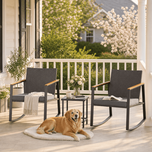 3‑Piece Wicker Rocking Bistro Patio Set, Outdoor Conversation Furniture with Anti‑Scald Armrests, Cushions & Glass‑Top Table for Garden Yard Porch Gray