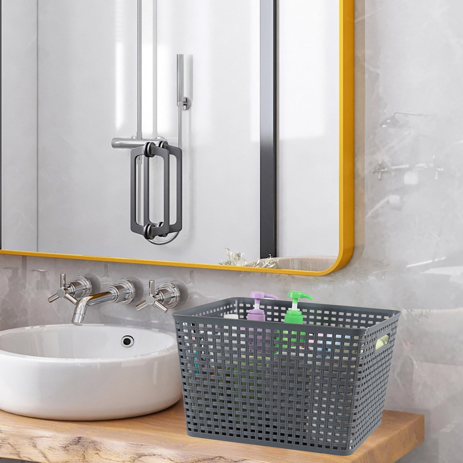 Ggbin 6-Pack Large Plastic Weave Storage Basket with Lid, Grey Storage Basket Bins