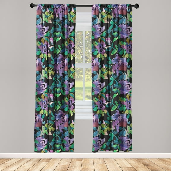 Floral Boho Window Curtains, Watercolor Botanical Art of Jungle Flowers Branches on Dark Back Art, Lightweight Decor 2-Panel Set with Rod Pocket, Pair of - 28"x63", Fern Green Pale Lilac, by Ambesonne
