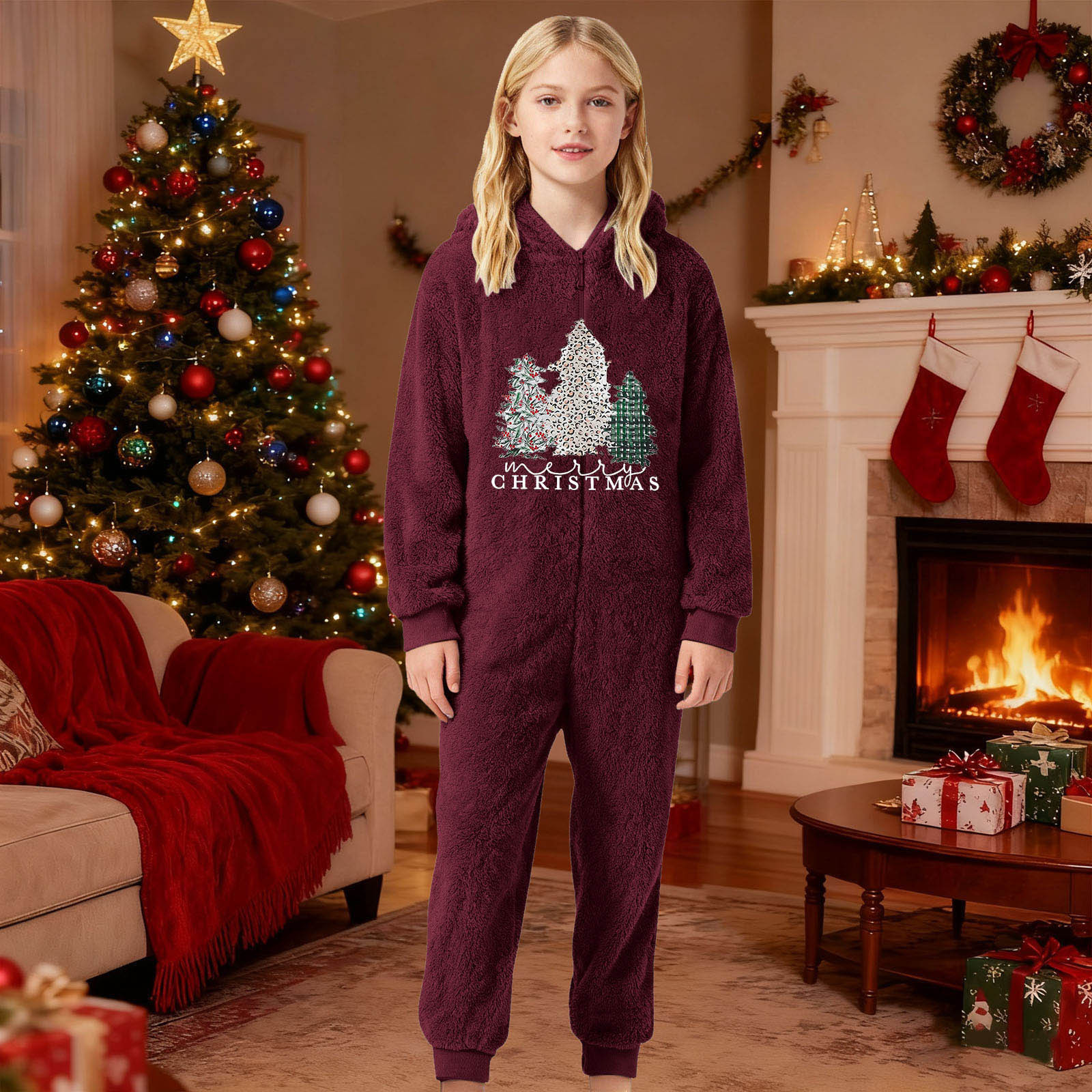 FYDUU Christmas Girls Onesie Pajamas Zip Up Jumpsuits Kids Fuzzy Hooded Rompers Soft Cozy Jumpsuit One-Piece Warm Winter Clothes Casual Rompers 11-12 Years