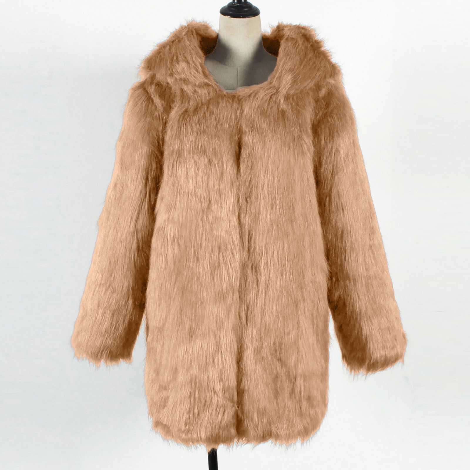 QATAINLAV Winter Jacket for Women Cute Cat Ear Hooded Cardigan Solid Color Faux Fur Open Front Hoodies, Khaki, XL