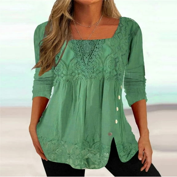 Lilgiuy Summer Tops For Women Women's Fashion Casual Solid Color Square Neck Pullover Long Sleeve Lace Splicing Top Trendy Slim Fit