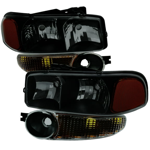 Factory Style Headlights and Bumper Lights (Matte Black Housing/Smoke Lens) Made for and Compatible with 1999-2006 GMC Sierra 1500/2500/3500 Denali/2000-2006 Yukon/Yukon XL Denali
