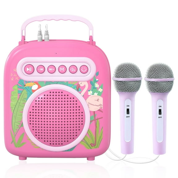 Kid Mini Karaoke Machine, Singing Machine with 2 Microphones, Christmas Karaoke Toy Gift for 4-12 Years Old Kids (Pink)