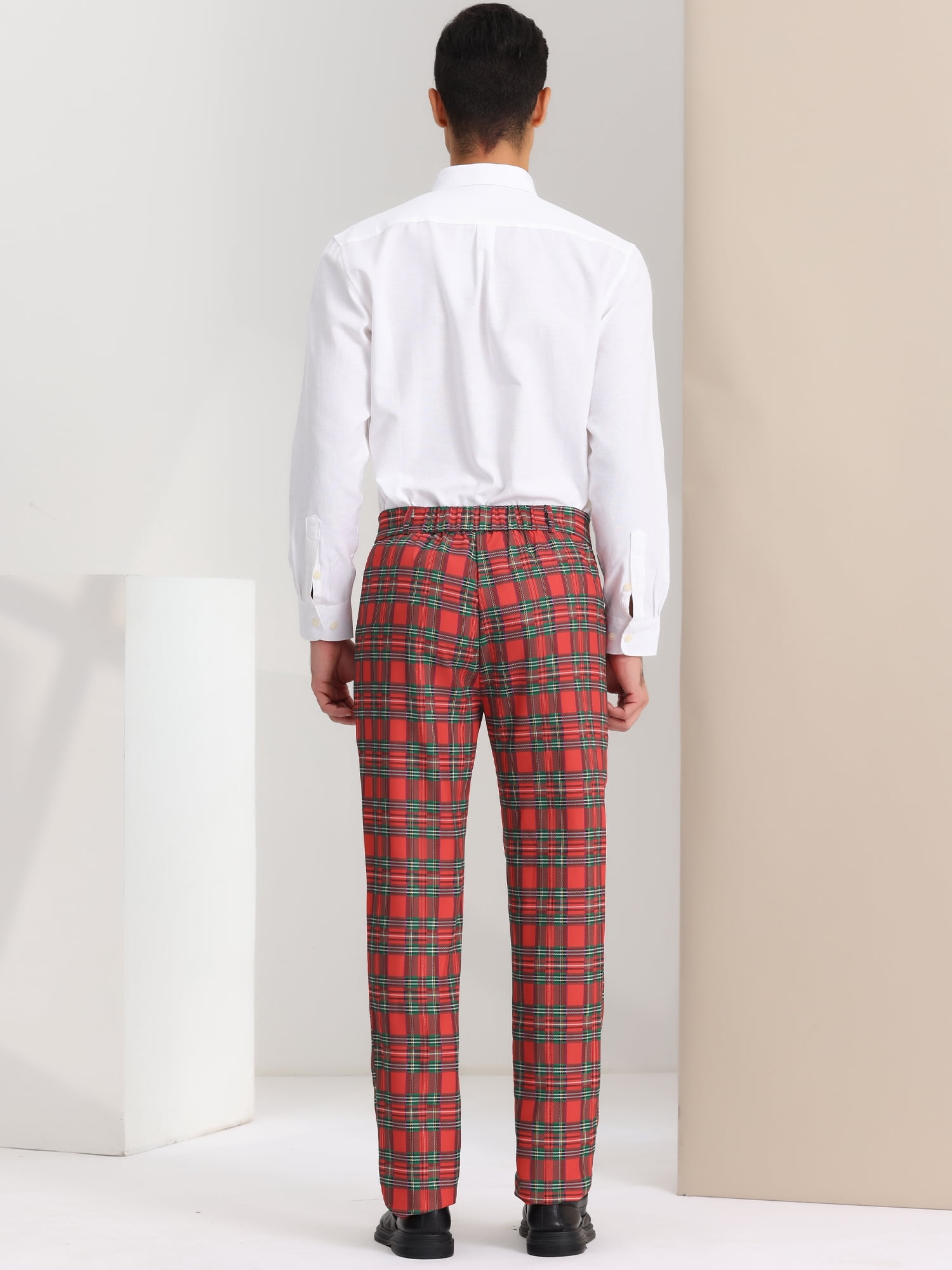 Unique Bargains Men's Plaid Business Pants Regular Fit Formal Prom Checked Trousers 36 Red Green