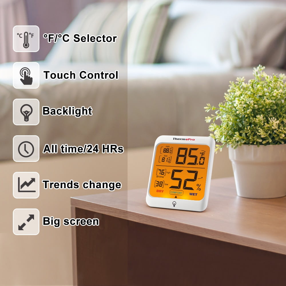 ThermoPro Indoor Hygrometer Humidity Gauge Indicator Digital Thermometer  Room Temperature and Humidity Monitor with Touch Backlight