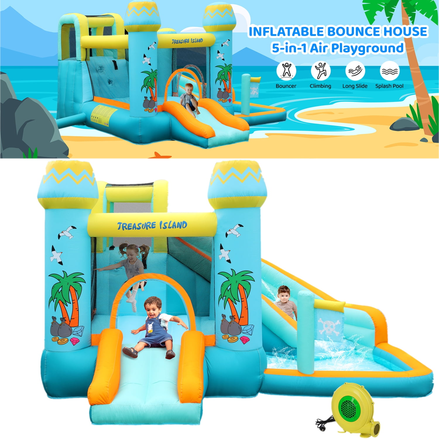 LAZY BUDDY Inflatable Bounce House with Water Slide, Indoor Outdoor Kids Bouncy Castle Water Park with Splash Pool, Jumping Area, Climbing Wall & Blower