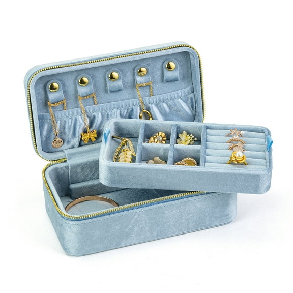 TAIMY Travel Jewelry Box Small Jewelry Storage Case Velvet Jewelry Organizer for Earrings, Rings, Necklaces, Bracelets Portable Jewelry Box for Women and Girls (Mystic Blue)