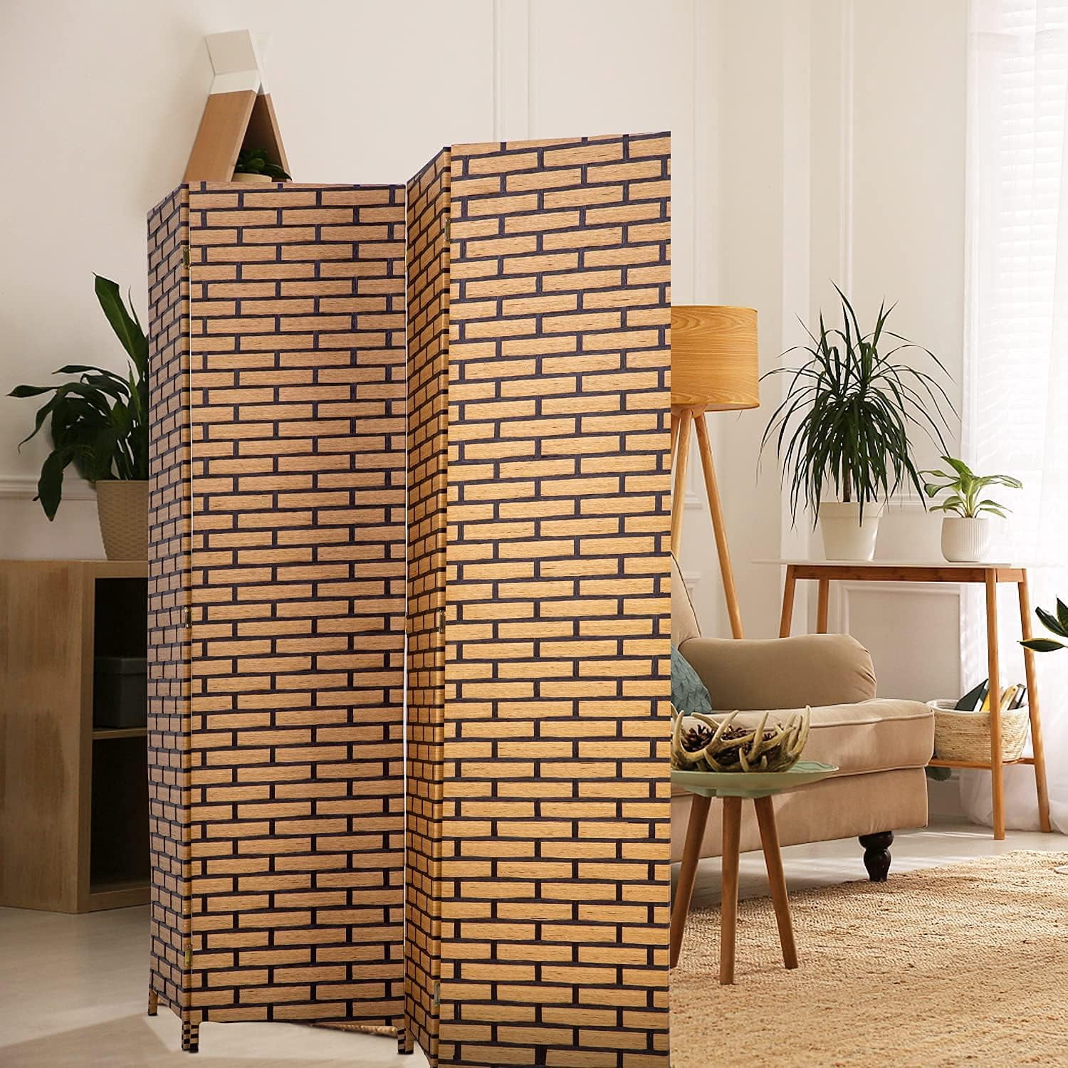 NiamVelo 4 Panel Wood Room Dividers Folding Privacy Screen Portable Screen Partition Wall Dividers for Home Office, Brick