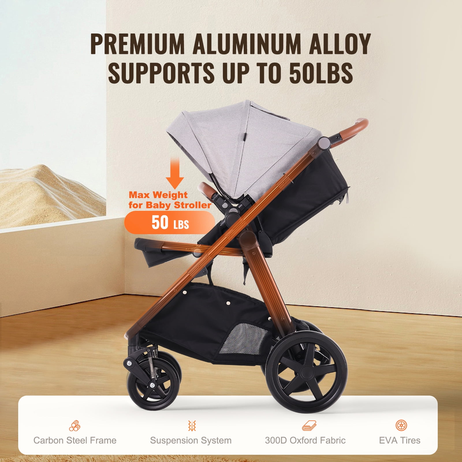 KFFKFF Journey Ensemble: 2-in-1 Infant Bassinet & Stroller, Reversible Seating, Simple One-Click Fold, Durable EVA Wheels with Safe Braking System, Aluminum Frame - Baby Travel Set in Light Gray