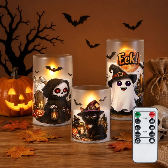 Homemory Flameless Candles Pillar Halloween Theme LED Battery Powered Remote Control Timer 3-Pack