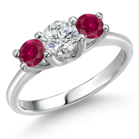 Gem Stone King 14K White Gold White Lab Grown Diamond & Red Created Ruby 3-Stone Engagement Ring | 1.00 Cttw | Round 5MM and 4MM | Three Stone Wedding Anniversary Promise Ring for Women (Size 7)