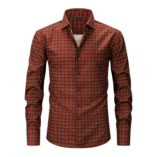 Viluyesy Mens Casual Button Shirt Work Shirt Lapel Plaid Print Regular Fit Shirt Red M