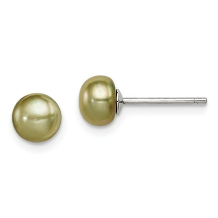 Sterling Silver 6.5-7mm Freshwater Cultured Button Pearl Green Earrings.