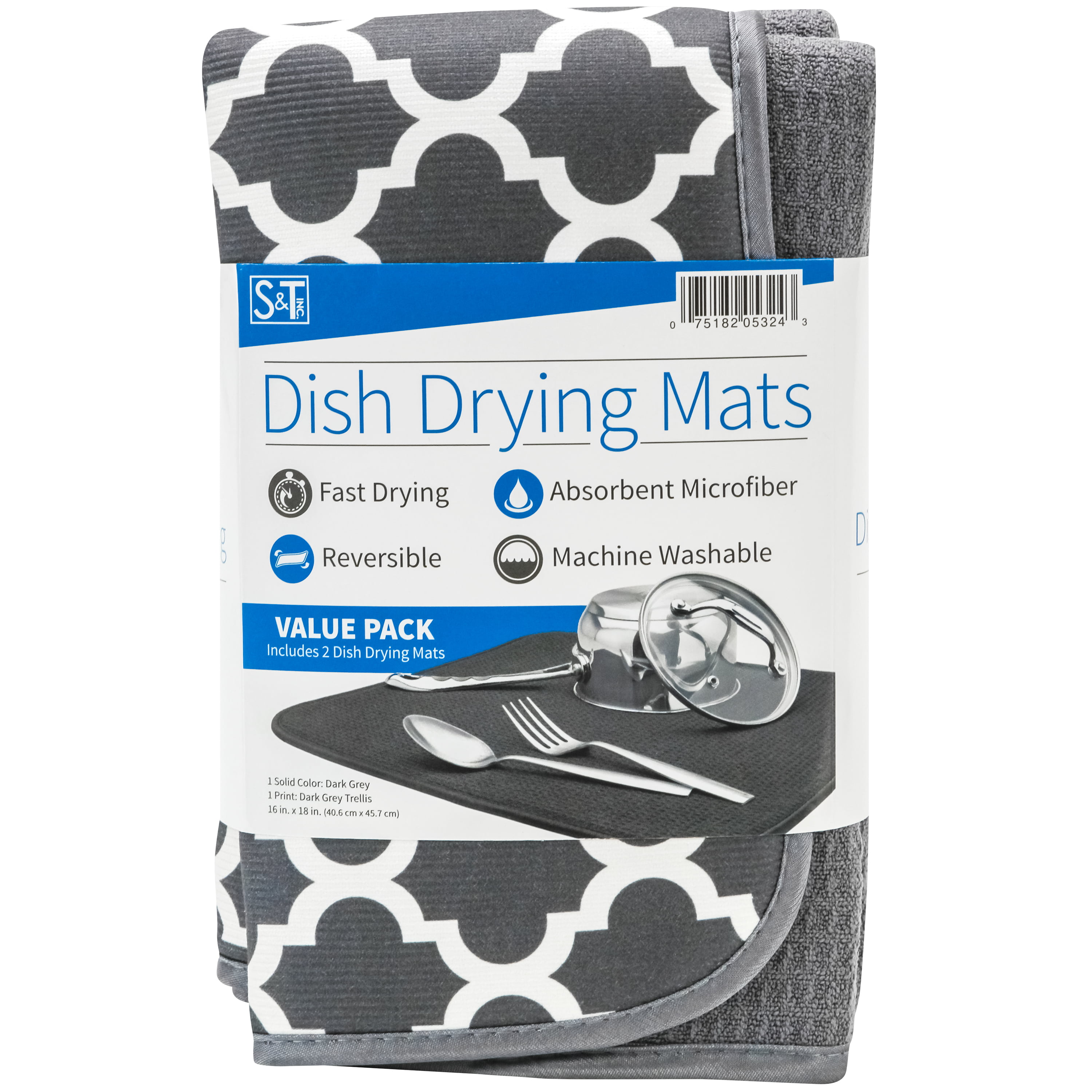 SRENTA 18 X 16 Microfiber Dish Drying Mat Super Absorbent Dish Drainer  Kitchen Pad with Hanging Loop, Gray Trellis 