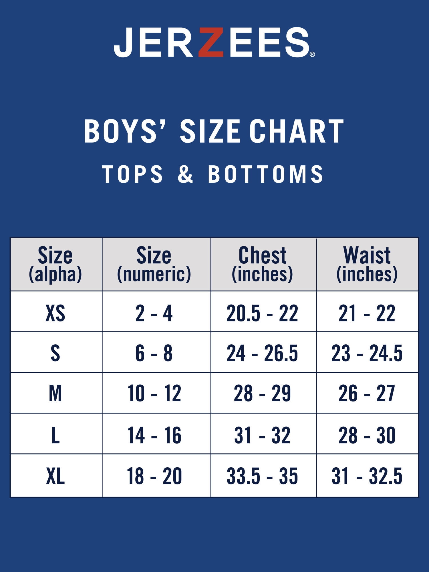 Jerzees Youth Size Chart