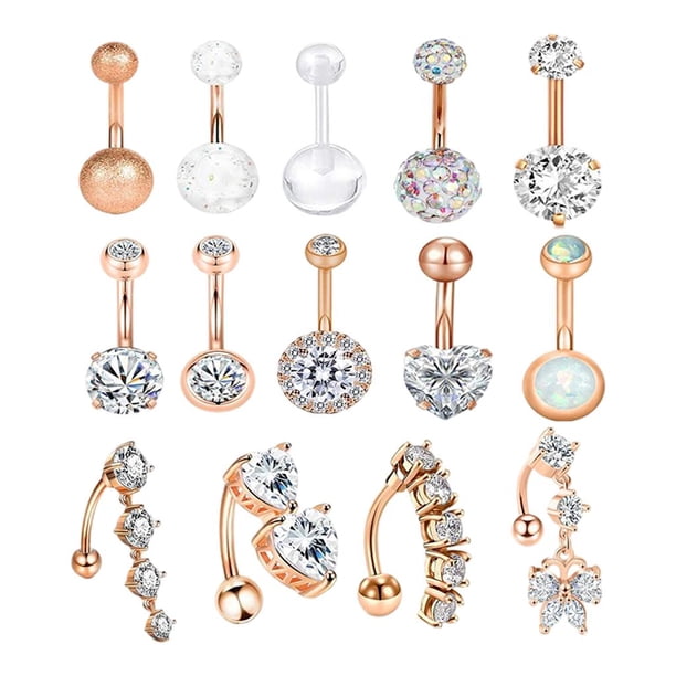 Piercing para el ombligo de acero inoxidable con 14 circonitas colgantes para mujer Oro rosa