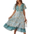 thumbnail image 2 of Vestido Floral Con Cuello En V, Vestido De Verano De Manga Corta Para Mujer, Estilo De Vacaciones, Cuello En V, Vestido Floral, Falda Midi Para Mujer, Azul XL ANGGREK XL Azul, 2 of 6