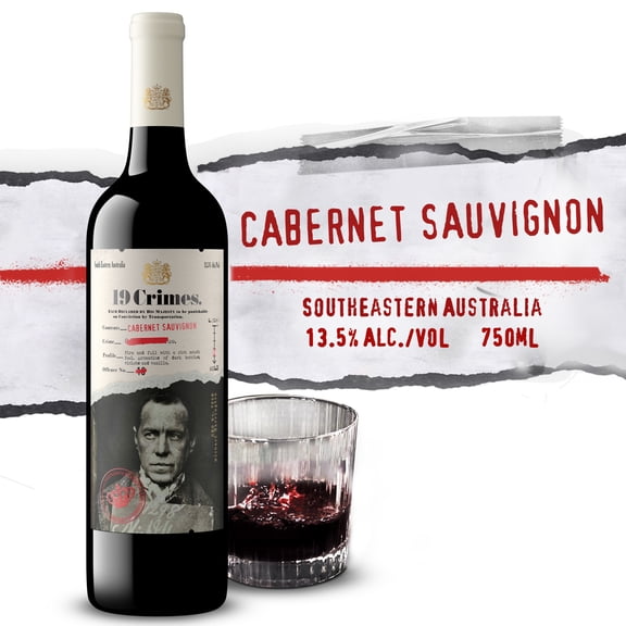 19 Crimes Cabernet Sauvignon Red Wine, 750ml Glass wine bottle, Australia, 13.5 % ABV