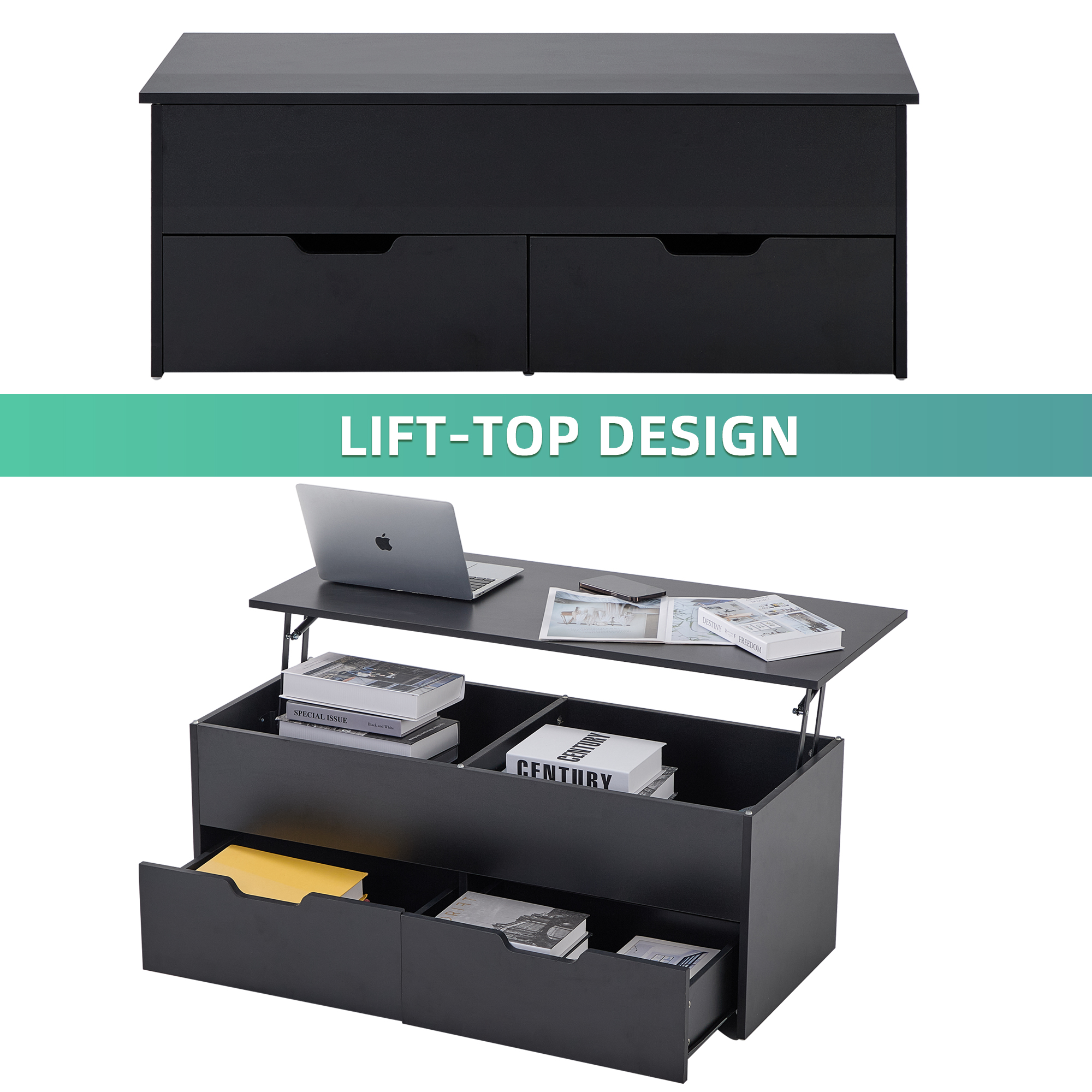 3-Tier Adjustable Lift-Top Coffee Table ，Sofa Table For Living Room , Hidden Compartment, 2 Drawers, 15.75" - 20.3" Height Range