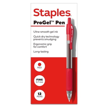 Staples ProGel Retractable Gel Pen Fine Point 0.7mm Red Ink Dozen (ST62585)
