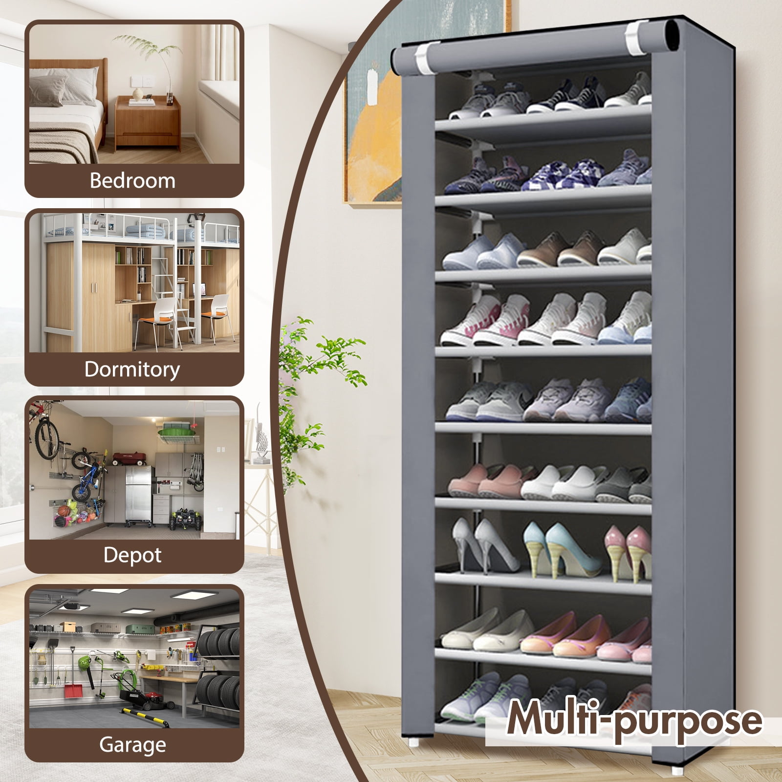 BAOKALER 10-Tier Tall Shoe Rack Shelf, 27 Pairs Closet Shoe Organizer Storage with Cover, 9 Lattices, Silver Gray
