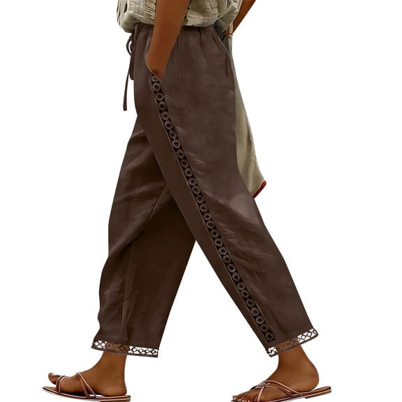 Gamivast Linen Pants Women Hollow Out Lace Side Stripe Elastic Waist Wide Leg Pants Summer Beach Lounge Pants Loose Fit Breathable Daily Outfit