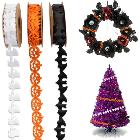 Hying 3 Rolls 5 Yards Halloween Ribbons for Crafting, Pumpkin Bats Ghost Ribbon