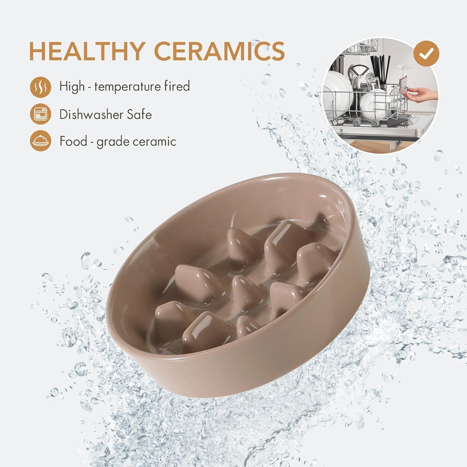Ceramic 1.2 Cup Raised Slow Feeder Dog Bowl Set, Elevated 6.1inch Bowl and 7.3inch Puzzle Slow Food Dish with Wooden Stand for Medium and Small Dog, Anti-Gulping (2 x Brown Coffee+ Stand)