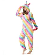Unicorn Embroidered Hooded Coral Fleece Sleepwear/ Home Wear for Women, Velvet Women's Novelty One-Piece Pajamas - Diagonal Striped Candy Unicorn