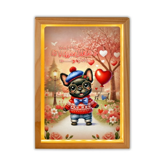 Happy Valentine’s Day Adorable French Bulldog Puppy Holding Heart Balloon Acrylic Plaque with Wood Photo Frame Box Dog Lover Gifts Light Box - 00030