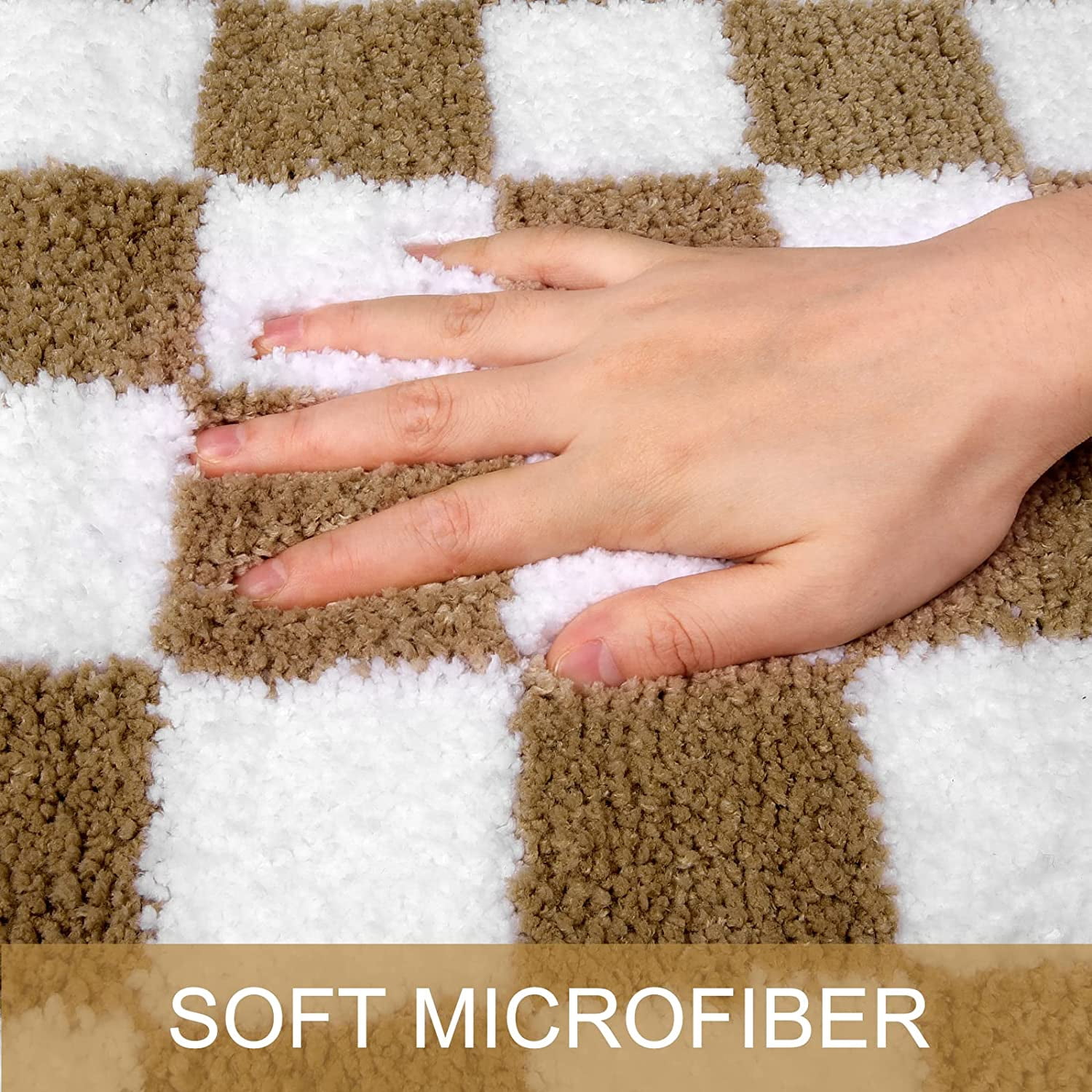 Checkered Bathroom Rugs, Khaki Non Slip Water Absorbent Bath Mat, Luxury Machine Washable Bath Rug Soft Microfiber Geometric Shag Floor Mats for Indoor Shower Bathtub Entryway, 16"x25"