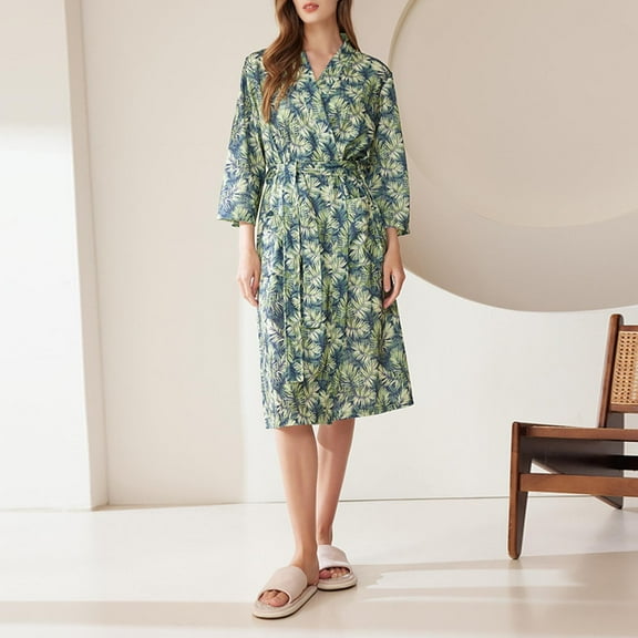 Nrmvnmi Palm Leaf Printed Bathrobe For Women Lightweight Robes V Neck Knee Length Dressing Gown Spa Robes With Pockets Summer Thin Absorbent Quick Drying Nightgown