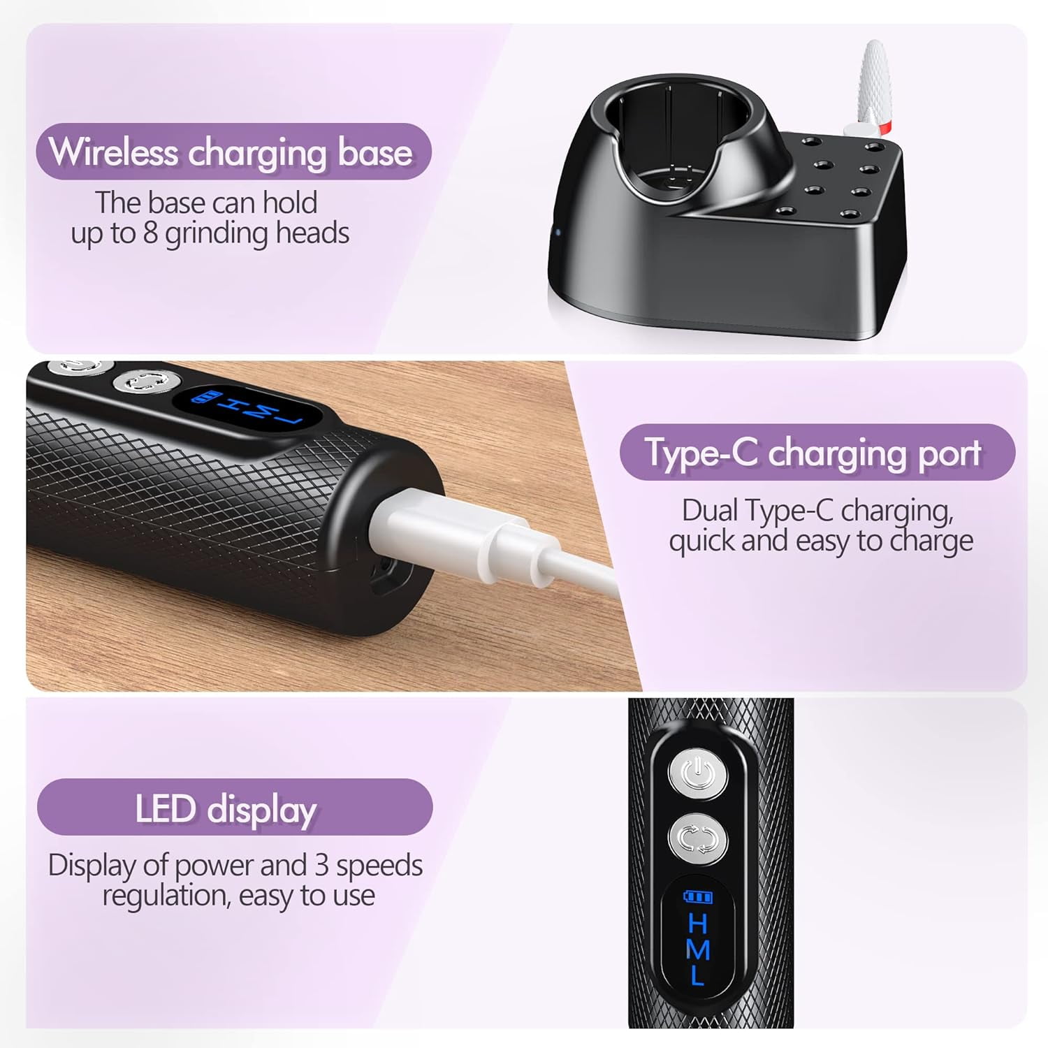 Aorsher Cordless Electric Nail Drill Professional E-File Nail Drill Kit for Acrylic, Gel Nails, Manicure Pedicure Polishing Shape Tools Design for Home Salon Use Gray