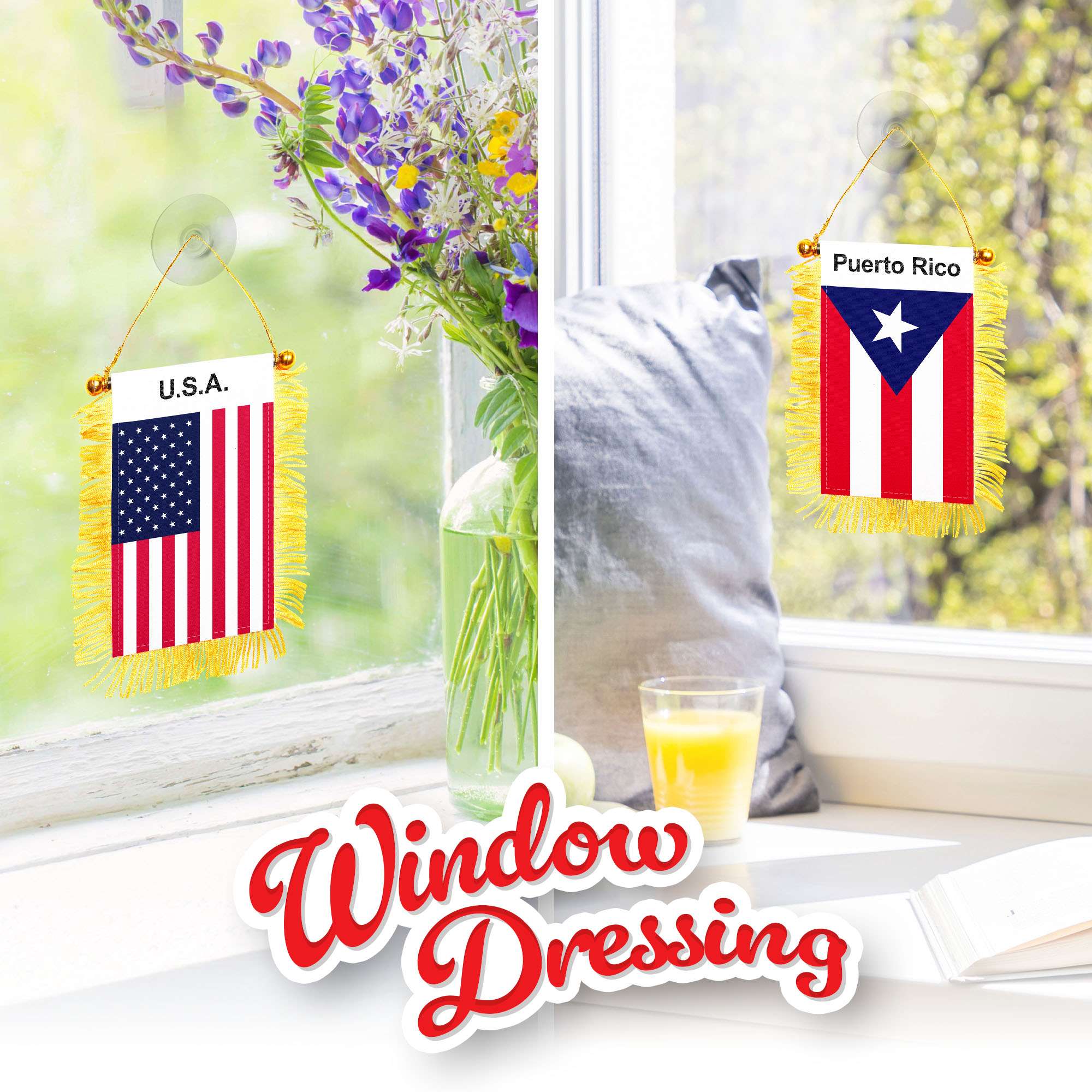 G128 Combo Pack: American USA & Puerto Rico Fringy Flag Double Sided 3x5 In | Both Fringy Hanging Flag with Suction Cup
