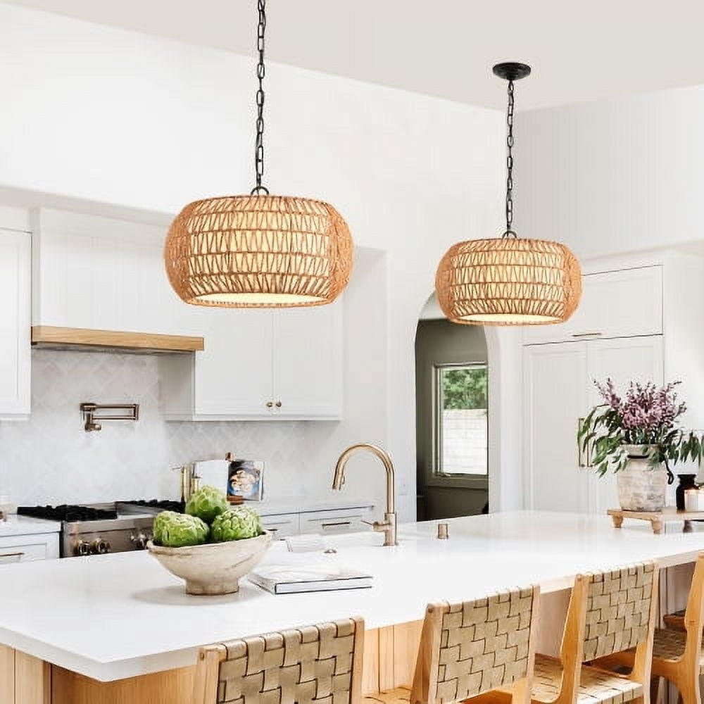 ACE-LIGHTS,Height Adjustable Farmhouse Pendant Light(Bulb Not Included),Boho Woven Jute Rope Hanging Ceiling Light Fixture for Living Room,Dining Room,Bedroom,Kitchen,Entryway(Wood)