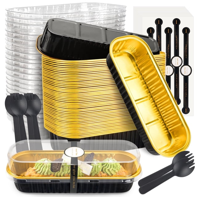 Meeyoga 100 Mini Moldes para Hornear de Aluminio con Tapas y Cucharas, Moldes para Pan de Caja, Pasteles y Postres, Molde para Hornear Rectangular para Horno y Microondas (Negro)