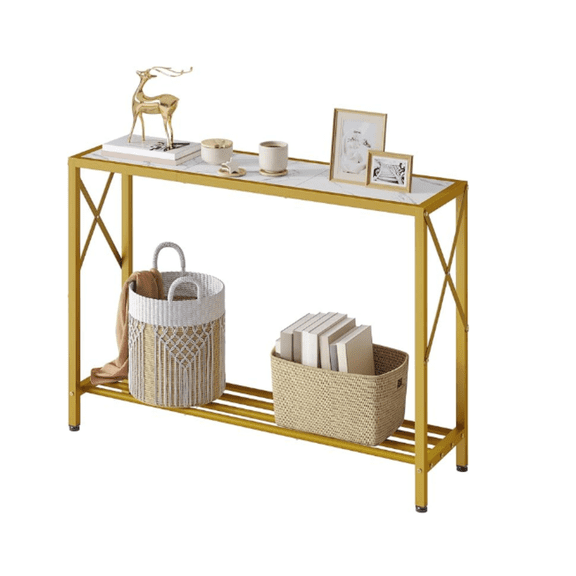 Entryway Table 41.8”, 2-Tier Entry Way Console Entrance Table, Narrow Sofa Table with Shelves, Ideal for Hallway, Entryway, Living Room, Foyer, Corridor, and Office (Gold & White)