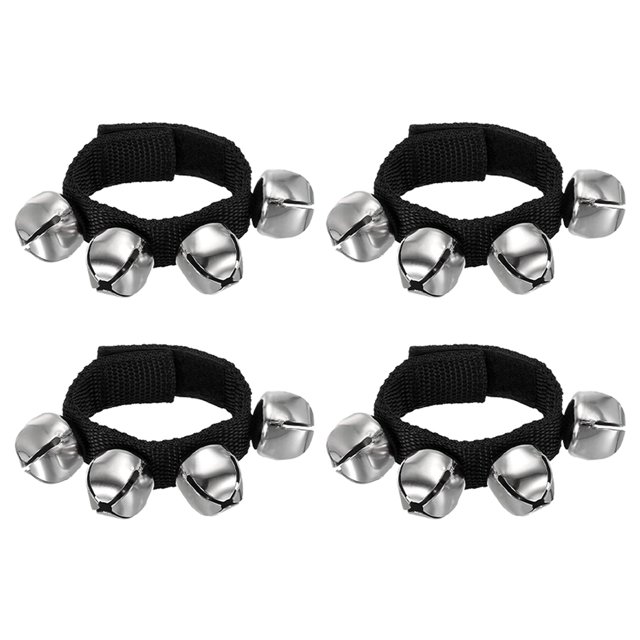 Unique Bargains 4 Pcs Cloches de Poignet, Cloches de Jingle Cloches de Cheville Instruments de Percussion Groupe de Rythme Musical 4 Cloches Argentées, Noir Foncé