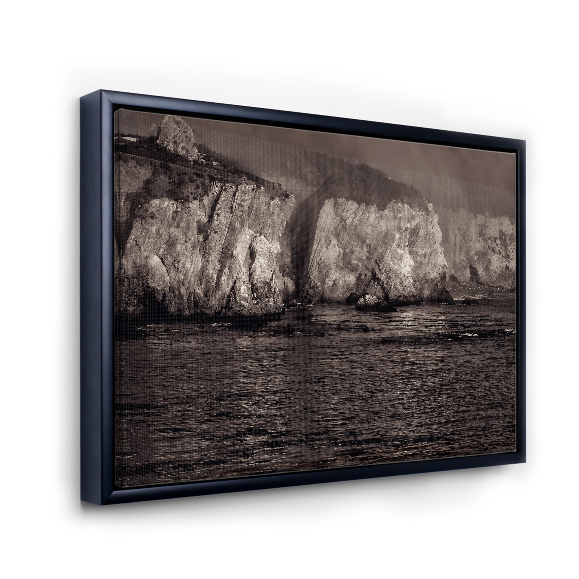 Designart 'Gold Cliffs Over Sea In The Fog' Modern Framed Canvas Wall Art Print