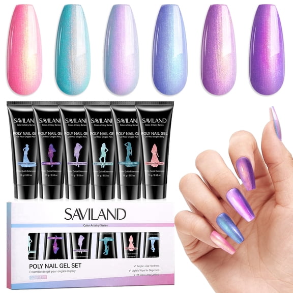 SAVILAND Hema-Free Poly Gel Nail Kit: 6 Colors 28-Day Lasting Poly Gel, Fine Shimmer Pink Blue Purple Poly Extension Gel Nail Kit, Nourishing Nail Extension Enhancement